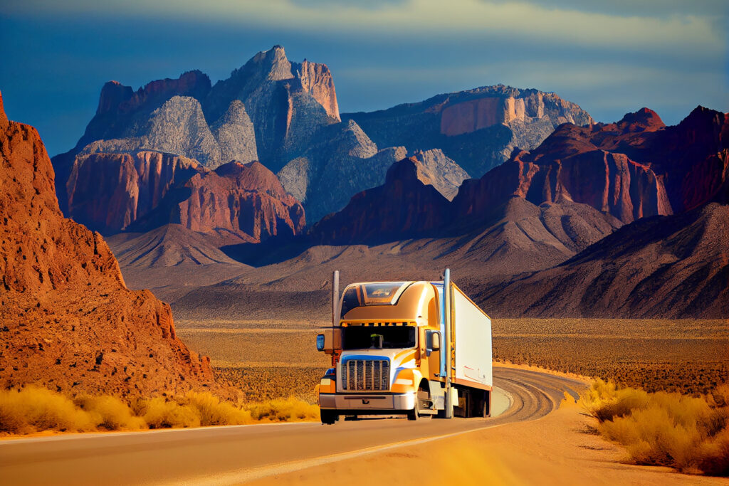 truck with white trailer drives down road with mountains background